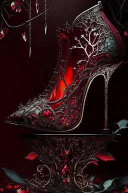 dark fantasy, intricate cover, a whimsical fairytale, shoe made of glass with blood inside