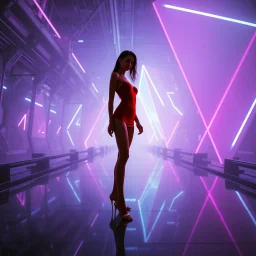 An ethereal fashion shot featuring a bold red silhouette against a complex futuristic architectural backdrop. Soft purple and blue ambient light fills the space, creating a serene yet high-tech mood. The model's graceful pose contrasts with the sharp, geometric neon structures. Dreamlike atmosphere with soft-focus reflections on a mirrored floor.