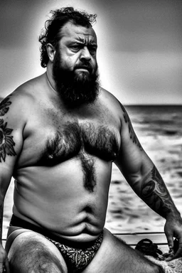 half-lenght Photography of turkish serious ugly dirty stocky muscular chubby 51 years old in swimwear, long beard, curly hair, tattoo, relaxed sitting on an a beach chair at the beach, crossed arms, open big manly legs, manly chest, photorealistic, angry eyes, sunshine, ambient occlusion, misery and poverty, desperation, redneck, highly detailed, frontal ground view , trending on artstation, sharp focus, studio photo, intricate details, highly detailed, by greg rutkowski