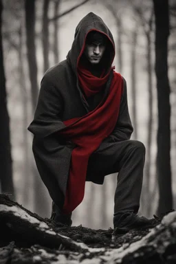 young man wearing red scarf and hood dark fantasy