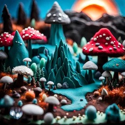 Close-up photograph of detailed creepy landscape made of cake-frosting and felt, crystallizations, figure, animals, fungi, crystals, mineral concretions, sun, Amano, Roger Dean, strong texture, intricate, colours, Max Ernst, rich moody colors, bokeh, 33mm photography