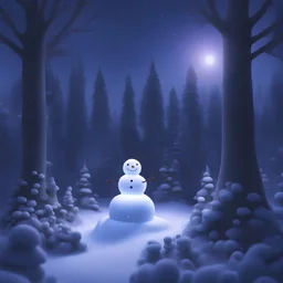 A (((small miniature glowing snowman))) standing in a ((snowy mushroom garden)), with a (twilight backdrop that limns the surrounding ((huge trees))