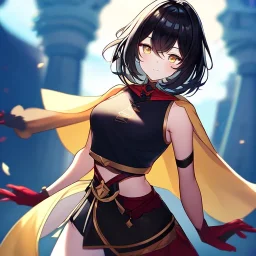 Clear focus,High resolution, Black short fluffy hair, and yellow eyes, wearing a black short skirt, sleeveless crop top, wearing long dark red gloves, yellow cloak