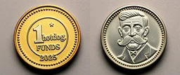 two sides of the coin with an emblem of "1hot.dog Funds" with the year 2025, and the mustache man