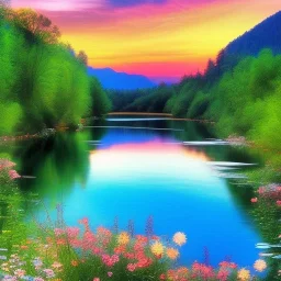 blue and transparent river, cristal flowers, sunset, delicate flowers