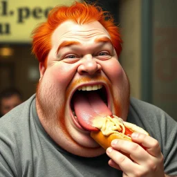 fat man with red hair eating a hot dog, realistic photo, big mouth open