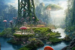 looking out over a lake, in an alien forest, with tall cloud trees, flying Portuguese men of war with octopus tentacles A skinny woman with a Cleopatra hairstyle, short skirt, and knee-high boots, looking out over a lake, in an alien forest, with tall cloud trees, flying mushrooms with octopus tentacles