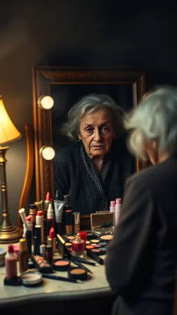Women old. Makeup. Table with a mirror on it a lot of women makeup products , in front of the mirror sitting an old ugly woman her face is reflected on the mirror in dark misty room with dim light