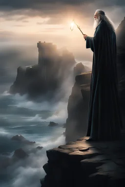 professor dumbledor standing on top of a cliff, dawn, light barely shining through, sea battering the cliff wall, holding elder wand