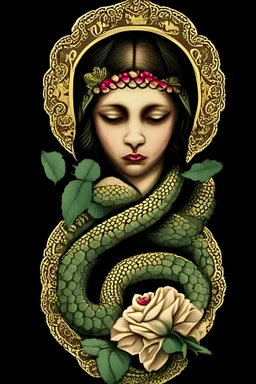 La Virgen de Guadalupe with a flower over her face. Behind her head is a snake. There are roses on her dress