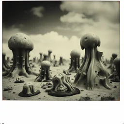 Photography polaroid close-up of a random landscape with odd Yves Tanguy incomprehensible forms, Surrealism, glossy, organic, creepy, strong texture, fiotti di liquido nero, horror, panic, obsessive, hypnotic