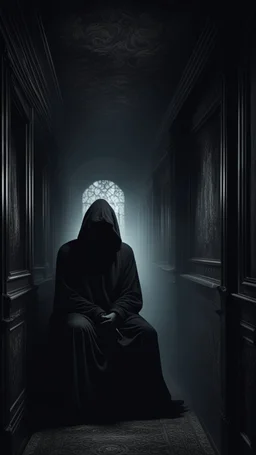 a black hooded shadow sitting alone in a sleepless night inside a dark train in a delusional state haunted by ghostly images, paint it in the baroque style, as if the man is horrified