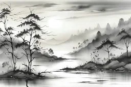 beautiful lake sunrise on a misty morning. in the hieght of fall. Gothic Vintage Watercolour art. Chinese watercolor. Monochrome
