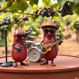 California Raisins wearing shades in a jazz quartet on a stage in a vinyard, claymation, anthropomorphic raisins