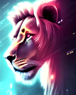 symmetry!! portrait of a lion, sci-fi, cyberpunk, blade runner, glowing lights, tech, biotech, techwear!! intricate, elegant, highly detailed, digital painting, artstation, concept art, smooth, sharp focus, blur, short focal length, illustration, art by artgerm