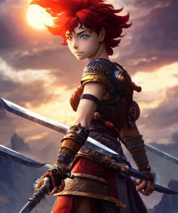 portrait, beautiful stunning warrior lady and goddess, babycore red short hair, ice eyes, fantasy atmosphere, styled by Corrado Vanelli, Norman Rockwell, Boris Vallejo super detailed, Studio Ghibli, Anime Key Visual, by Makoto Shinkai, Deep Color, Intricate, 8k resolution concept art, Natural Lighting, Beautiful Composition