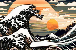 the great wave transforming into the head of a wolf from the side and a prominent sunset in the background