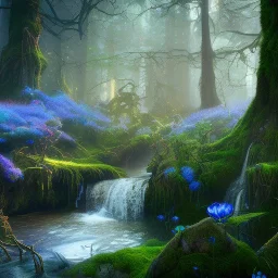 fantasy concept art, dynamic lighting, Intricately detailed, Splash screen art, deep color, Unreal Engine, volumetric lighting, blue flowers, moss, leather, fantasy library artwork, creek, forest,