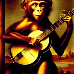 scratchart by leonardo davinci of a monkey playing a banjo, strings