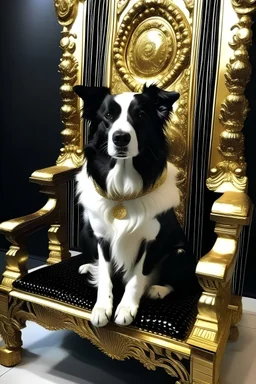 schwarz weisser hund der auf einem Gold-tron sitzt und negen ihm sind mehre haufen aus Gold