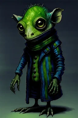 Artist Jean-Baptiste Monge style. A old biomorph male humanoid with Lizard face. Bright eyes. A green and blue striped outfit. Modifiers: Tim Burton Craig Rutkowski Modifiers:neon glowing Iridescent black ink