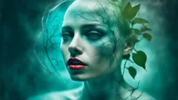 old retro photograph, light vignette, faded, worn and cracked, double exposure, surrealism, female humanoid from another world, red lips, half body, greenish blue pale transparent glowing skin, bald head, plants growing out of head, tattoo on head, alien transparent eyes, double exposure, hyperdetail, double exposure, Anna Razumovskaya, Anna Dittmann, Luis Royo, Neo-impressionism, expressionism, oil painting. Bold, detailed and textured brushstrokes reminiscent of Royo and Peter Coulson. Deep co