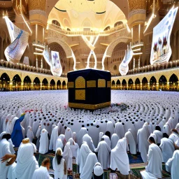 The scene in Mecca: People wearing white Ihram clothes, men without head coverings, women with veils, circumambulating around the Kaaba, and above them are transparent white spirits of children, men, and women with wings revolving around the Kaaba.