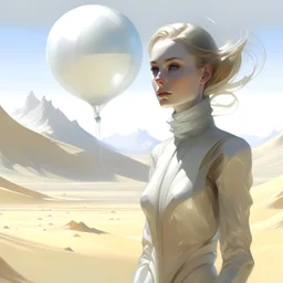 An oil painting of a futuristic girl made of a transparent balloon, from Dune's film, in an Expressionist style, inside a light white digital desert landscape.