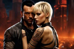 Jason David Frank short dark hair with tribal tattoos hugging pretty blonde shorthaired girl crying, photo realistic, modern dark fantasy, cityscape