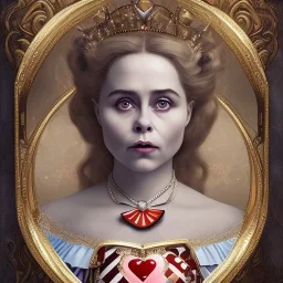 "Queen of Hearts"fat old woman book character of "Alice in the wonderland"Lewis Carroll,Helena Bonham Carter style.Detailed face,more details of Queen of Hearts, detailed eyes, Realistic lighting,elegant dress disney style,nasty smile.James Bobin move style. baroque, intricate patterns, fractalism.style by Disney,Chie Yoshii,earnst haeckel,james jean.