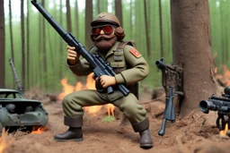 [1960’s stop-motion animation style in woods] a 70s rifle gun advertisement video TV featuring a crazy artist with black goggles brown curly hair and a grayish beard in combat fatigue holding a hunting rifle in front of his international scout automobile as a claymation character toy from a claymation horror movie in burning rainbow land, from hell, creepy Videos, eyeballs and trees everywhere , as old advertisement shot on video VHS