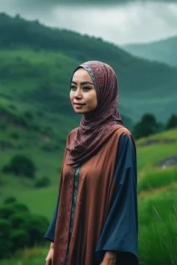 Wanita Indonesia cantik muslimah berdiri di tepi bukit saat hujan deras sendiri