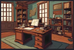 office, Work desk, map globe, village house, old room, minimal, digital painting, vector, illustration, politics, 1900 AD, old, COLORS, cartoon, Letters,