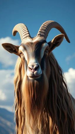 A goat with human look face and long hair and beard looks like an ancient Sumerian gods