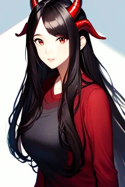 Clear focus,High resolution,High quality, Black long hair, Red eyes, Red horns, Realistic