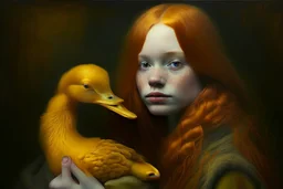 Beautiful golden red hair girl holding duck portrait in ochre, moody, somber, desaturated colors