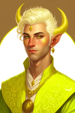 tiefling man with short white blonde hair and lots of gold jewelry, wearing white and gold