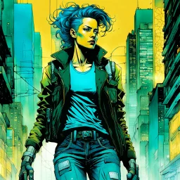 create a full body portrait illustration of an athletic cyberpunk female private detective with prosthetic arm in flak vest, with highly detailed , sharply defined feminine facial features, in a chaotic, turbulent, otherworldly Tokyo in the comic art style of BILL SIENKIEWICZ and JEAN GIRAUD MOEBIUS, searing lines and forceful strokes, precisely drawn, inked, and darkly colored