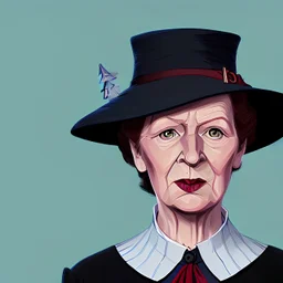 Portrait of a 30 year old witch like Margaret Thatcher and Mary Poppins