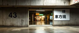 background of wall(wet textured concrete, gray, old, cracked, stained, 1 wall light) from underground parking, hong kong style, a large number "43" painted on left(old faded paint), at middle is an opening into an area with asian shops, cyberpunk, to the right of opening a white rectangle containing alien language