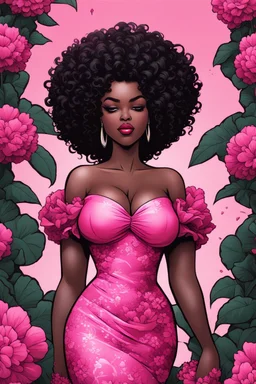 Create an comic book art style image of a curvy black female wearing a pink off the shoulder blouse and she is looking down with Prominent makeup. Highly detailed tightly curly black afro. Background of large pink and black flowers surrounding her