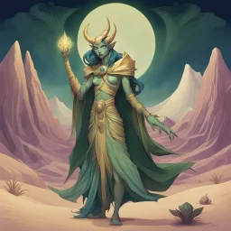 Bordered digital art of a Desert Djinn 10, in the style of torat and art deco, with olive green, pastel pink, rich blues and Shimmering golds accents. Fantasy art. High quality, masterpiece. Dungeons And Dragons