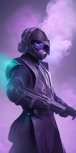 purple galaxy masked super villain, weapons in hands, teal and purple smoke, full portrait, hyper realistic, 4k