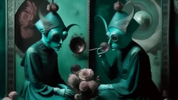 The Watchers with blue snails and black rose of the Empty Room, augmented reality, pantomim, masks, eerieland, abstract surrealism, glitter, calotype combineted transparent burgundy and pastel mint color, tintype , performance art