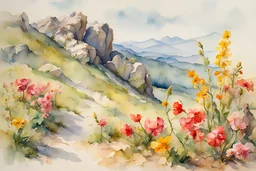 Sunny day, mountains, rocky land, spring, flowers, albert durer watercolor paintings