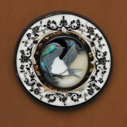 coaster of kingfisher ivory brooch with black pearl inlay, opalescent marble carving, decorative design, classical ornament, highly ornate, highly intricate, highly detailed etching, marble carving, warm lighting, linen backdrop