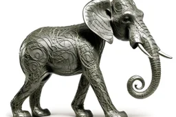 A gray metal elemental elephant designed in Australian aboriginal art painted by Vincent van Gogh