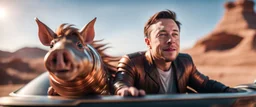 motion blur, close up, portrait of hippie Elon Musk absolutly riding an awesome spaceship in copper, fast one in the shape of a horse pig eel snake dragon sphinx is half horse half pig, now its gonna do an awesome gig , bokeh like f/0.8, tilt-shift lens 8k, high detail, smooth render, down-light, unreal engine, prize winning