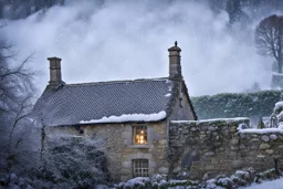 Snow falling heavily in the Cotswald area of England. A stone cottage with smoke coming out of the chimney. Surrounded by stone fences. In the background a startled group of deer look this way. A thick forest behind them.