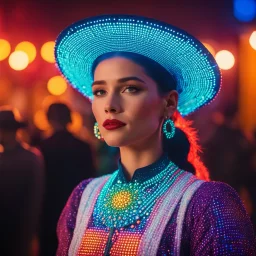 [style is lite brite art, luminous and colorful designs, pixelated compositions, retro aesthetic, glowing effects, creative patterns, interactive and playful, nostalgic charm, vibrant and dynamic arrangements] Halsey as an Amish in her iconic scene of Americana (2023)